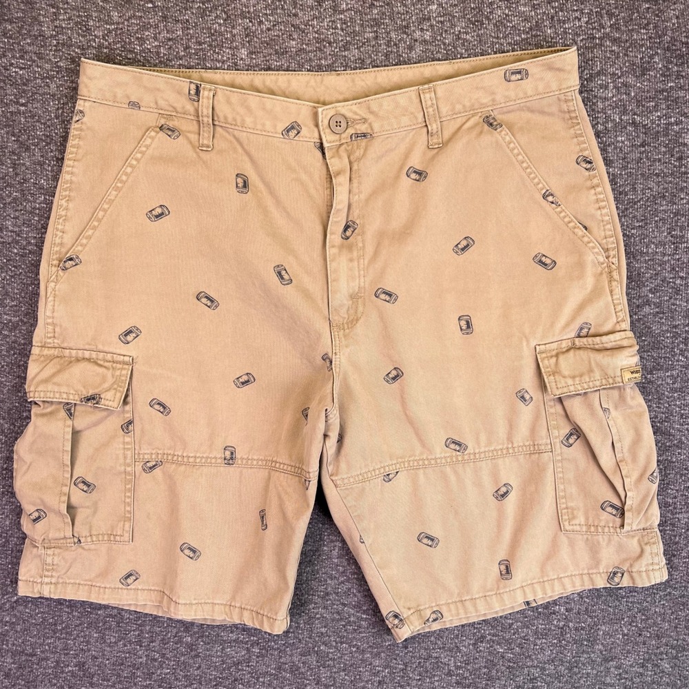 Wrangler Cargo‎ Shorts Mens 38 Tan Beer Can Print Casual Barbecue Khaki Outdoors